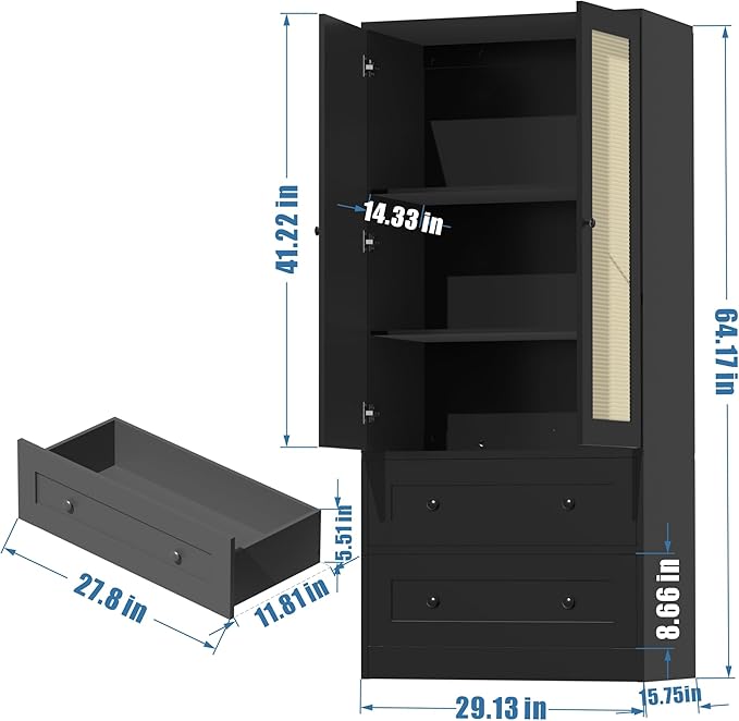 64.2" Tall Rattan Black Kitchen Pantry, Storage Cabinet with Doors and Drawers, Freestanding Wooden Organizer for Kitchen, Dining Room