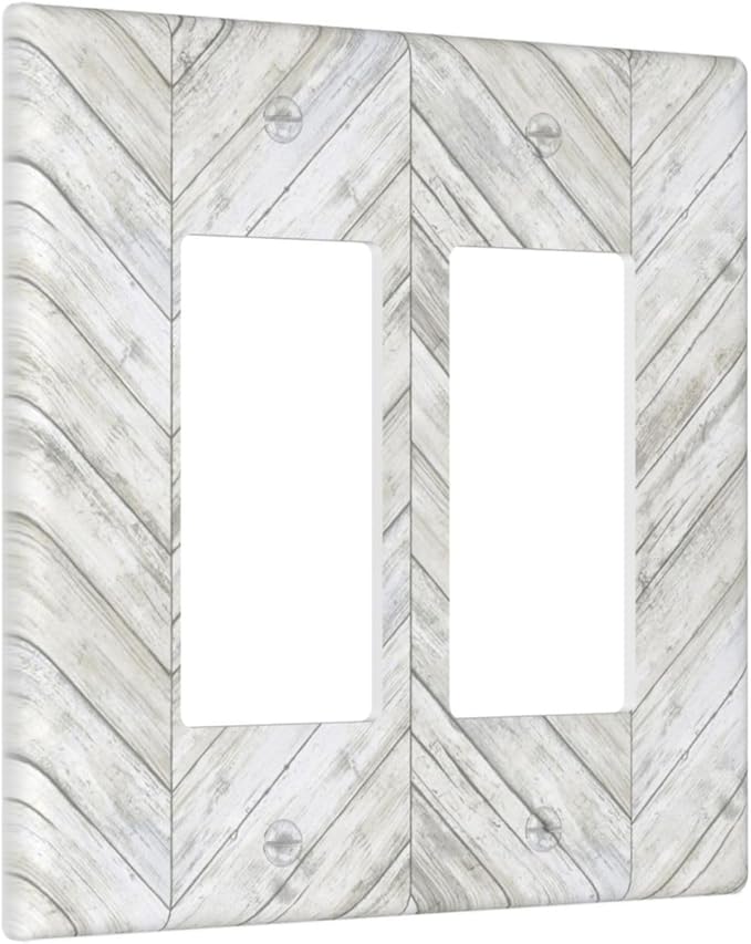 Rustic White Gray Herringbone Wood 2 Gang Rocker Decora Light Switch Cover Decorative Vintage Country Outlet Covers Wall Plate Electrical Faceplate Switchcovers GFCI for Farmhouse Living Room Decor