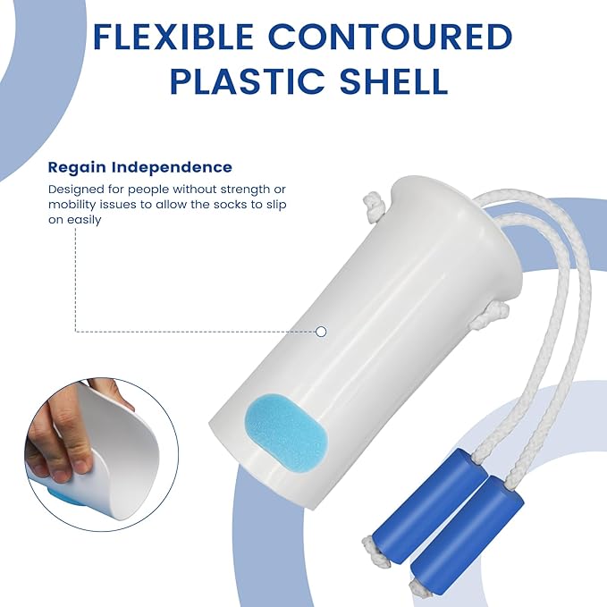Jellas Sock Aid Kit, Flexible Sock Aid Device with Long Rope - Sock Puller aid Easy on and Off Device for Putting On and Removing Socks or Stockings, Sock Helper for Independence and Comfort (White)