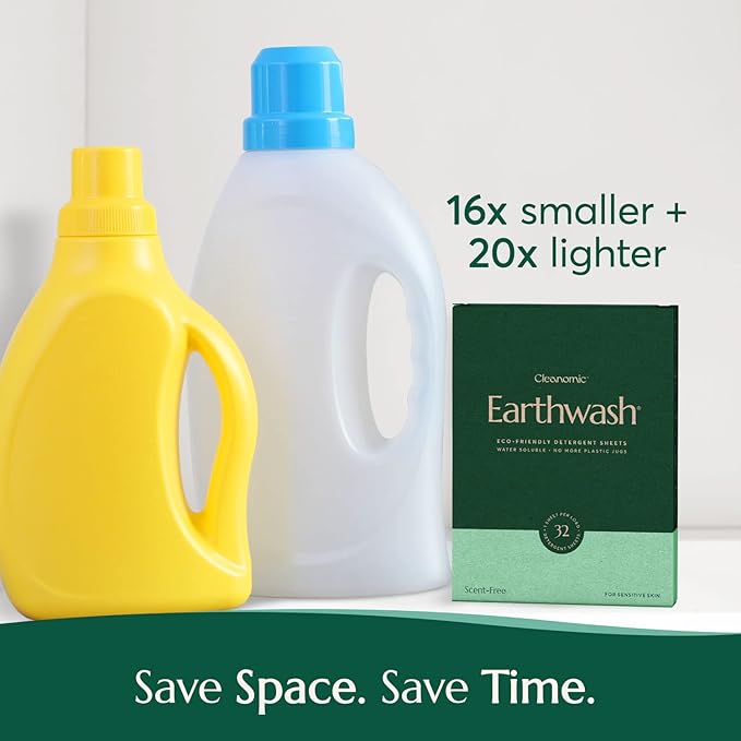 earthwash Laundry Sheets, Scent-Free (32 Loads), The Perfect Plastic Free Detergent Strips, Ideal for TravelHome Use. Biodegradable-Easy Dissolve, True Eco-Wash