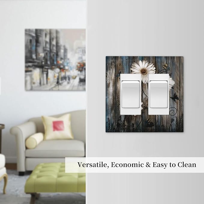 Rustic Wood Background Floral Butterfly Daisy Decorative Outlet Covers 2 Gang Double GFCI Rocker Electrical Wall Panels Light Switch Cover Plate for Farmhouse Bedroom Decor
