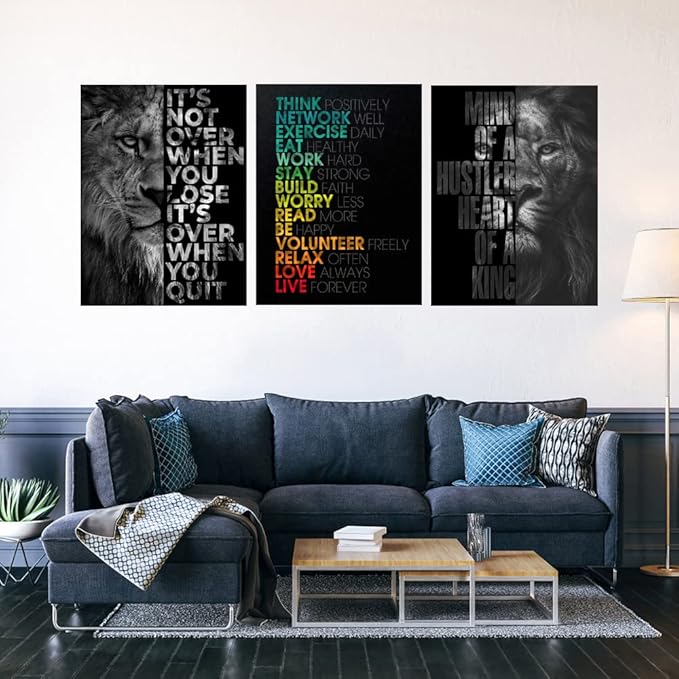 Unbruvo Motivational Office Wall Art Inspirational Canvas Wall Art Lion Picture Print Entrepreneur Quote Wall Painting 3 Pieces Artwork for Living Room Bedroom Classroom Home Decor(60”Wx28”H)