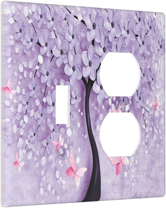Decorative Light Switch Cover Plate 3d Purple Tree 2 Gang Outlet Covers 1 Toggle 1 Duplex Wall Plate Decorate Electrical Switch Plate Covers for Bedroom Bathroom Decor