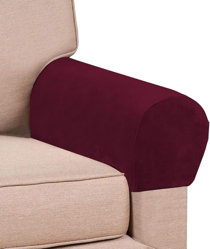 Soft Sofa Armrest Covers - Skin-Friendly Stretch Polyester, Comfortable Scratch Resistant for Square/Curved/Reclining Armrests, One Pair - Wine Red
