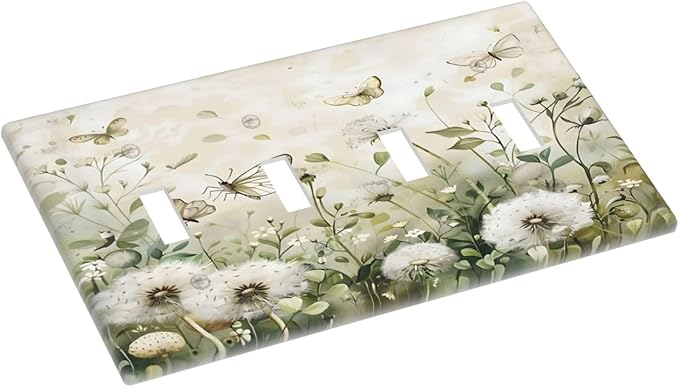 Dandelions Butterflies Watercolor Wildflowers Floral Light Switch Covers Quad Toggle Electrical Faceplate 4 Gang Wall Plate Decorative Switch Plates Cover for Bedroom Living Room Decor