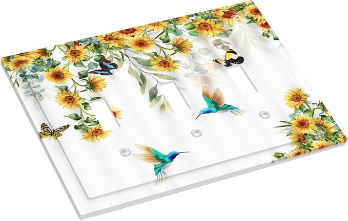 Yellow Sunflower Blue Hummingbird Butterfly 3 Gang Light Switch Covers Decorative Rustic Farmhouse Floral Plant Triple Toggle Wall Plate Cover 3 Hole Electrical Device Switchplate for Bathroom