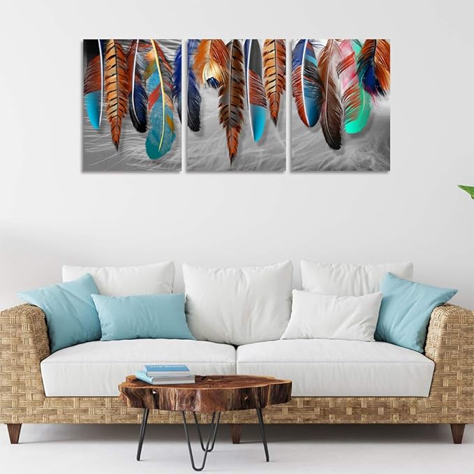 Yetaryy 3 Panels Canvas Wall Art Modern Wall Decor Landscape Color Feather Cool Painting Picture Print Poster Artwork Wall Decoration Home Decor for Living Room Dining Room Bedroom - 60" Wx28 H