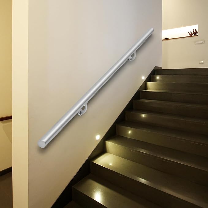 17 FT Modern Aluminum Handrail Set, handrails for Indoor Stairs,Deck,Slope, Wall Mounted Staircase handrails, Zink Alloy Brackets Included,Rust Free. (Anodized Silver, 17 FT)