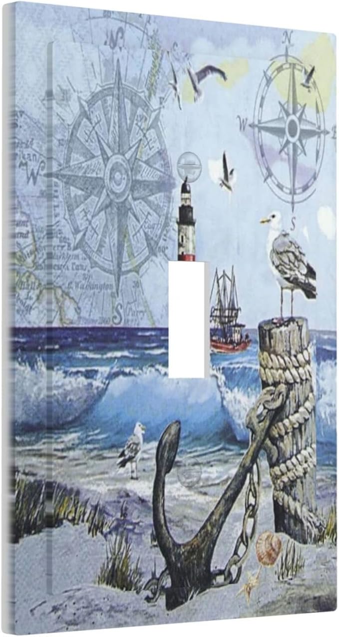 Light Switch Cover Sea Ocean Sand Coast Compass Ship Lighthouse Anchor 1 Gang Wall Plate Cover Single Toggle Outlet Covers Decorative Switchplate Electrical Faceplate for Bathroom Decor