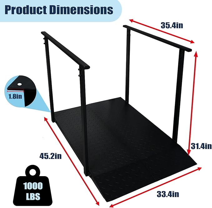4FT Wheelchair Ramp with Handrails, Non-Slip Iron Handicap Ramps for Steps, Threshold Ramp for Home Entry Stairs Curbs, Heavy Duty Ramp 1000 Lbs Capacity