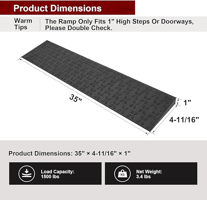 Ruedamann 1" Rise Threshold Ramps for Doorways, Sturdy Rubber Threshold Ramp, Non-Slip Ramp for Wheelchair for Home, Adjustable and Cuttable for Wheelchairs, Scooters, Sweepers, Curbs