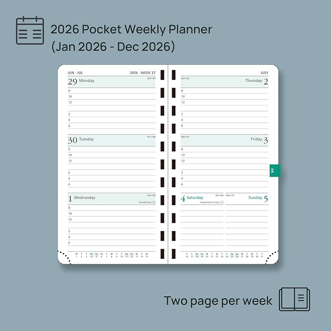POPRUN 2026 Pocket Planner (Slim Size 3.5" x 6.5") Weekly and Monthly Calendar for Purse, with Hourly Time Slots, 100GSM Thick Paper, Spiral Soft Cover, Pen Holder - Green