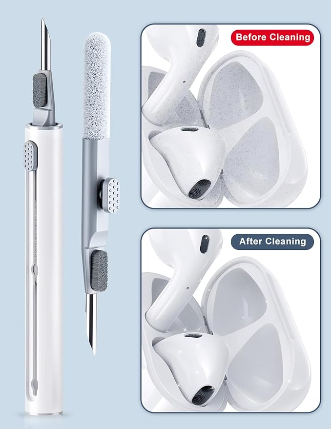 Cleaner Kit for Airpods, 2 Pack Earbuds Cleaning kit for Airpods Pro 1 2 3, Multi-Function Cleaning Pen with Soft Brush Flocking Sponge for Bluetooth Earbuds, iPhone 17,16,Laptop, Camera (Pure White)