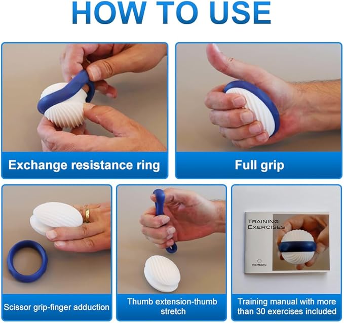 Remedic Hand & Finger Exerciser – Grip Strengthener with 2 Resistance Rings & Training Manual with 30+ Exercises – Strengthens Hand Muscles, Joints & Tendons for Rehab, Therapy & Training