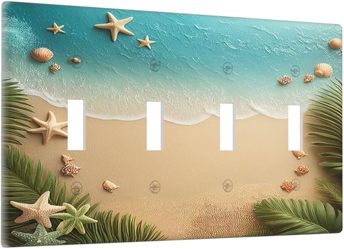 Light Switch Covers Summer Beach Themed Starfish Seashells Quad Toggle Electrical Faceplate 4 Gang Wall Plate Decorative Switch Plates for Bedroom Bathroom Decor