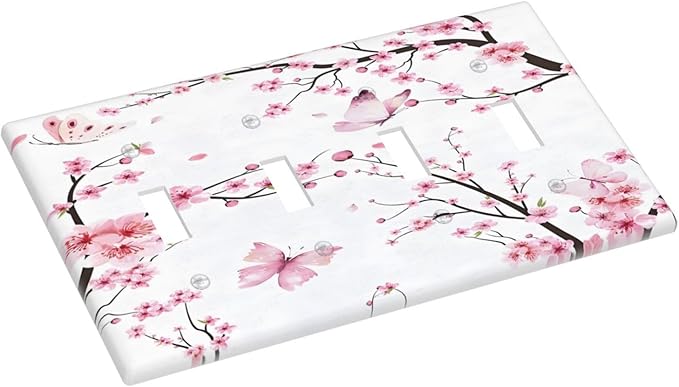 Cherry Floral Watercolor Pink Flowers Butterfly Light Switch Covers Quad Toggle Electrical Faceplate 4 Gang Wall Plate Decorative Switch Plates for Bed Room Living Room Decor