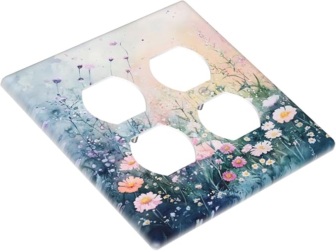 Decorative Switch Plate Covers Pink Floral Wildflower Green Plants 2 Gang Outlet Covers Double Duplex Light Switch Cover Plate Gfci Wall Plate for Bathroom Decor