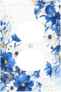 Klein Blue Flowers Watercolor Golden White Floral Outlet Covers 1 Gang Duplex Light Switch Cover Decorative Switch Plates Electrical Receptacle Faceplate Wall Plate for Bedroom Living Room Decor