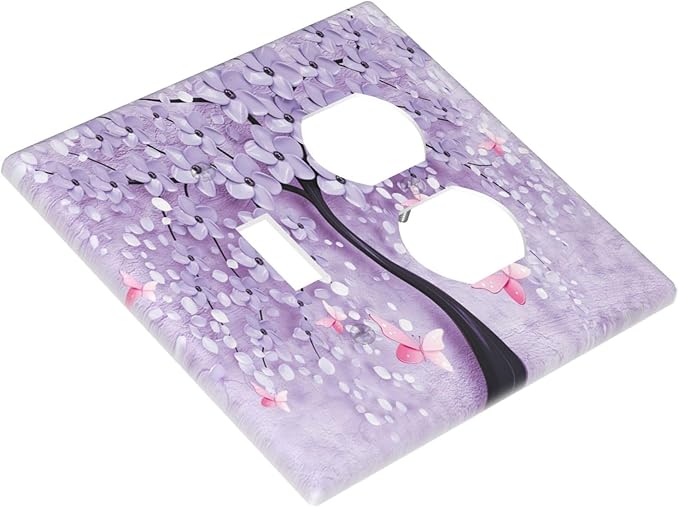 Decorative Light Switch Cover Plate 3d Purple Tree 2 Gang Outlet Covers 1 Toggle 1 Duplex Wall Plate Decorate Electrical Switch Plate Covers for Bedroom Bathroom Decor