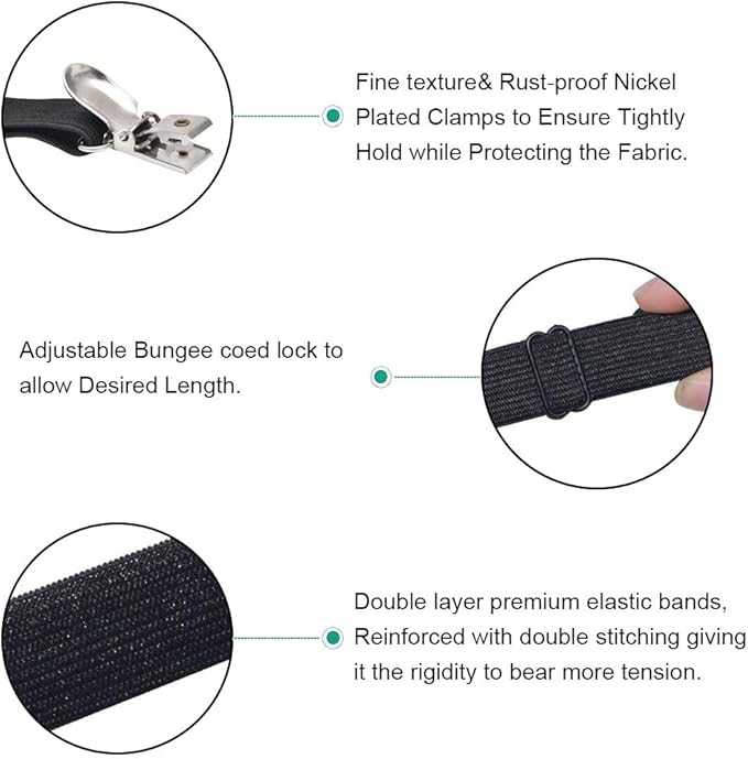 Adjustable Bed Sheet Straps Clips, Elastic Mattress Sheet Fasteners Holder and Suspenders, Grippers to Hold Sheet, Mattress, Sofa, Couch, Table Cloth, Ironing Board Cover, 8Pcs, Black
