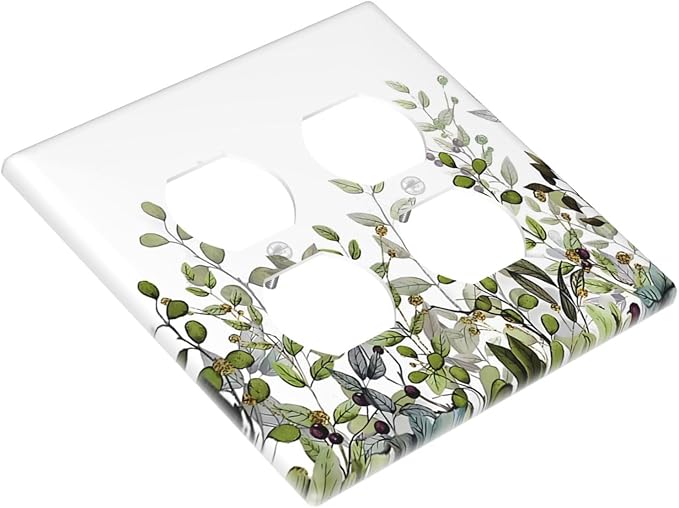 Watercolor Green Eucalyptus Leaves Plants Fruit Outlet Covers 2 Gang Double Duplex Decorative Light Switch Covers Electrical Wallplates Socket Faceplate for Bed Room Living Room Decor