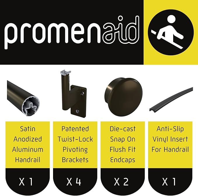 Promenaid 12ft Flush Handrail Kit - Architectural Bronze - Complete Indoor/Outdoor Handrail for Stairs - 1.6" Round Anodized Aluminum Railing - 4 Bronze Painted Wall Brackets & Flush Endcaps