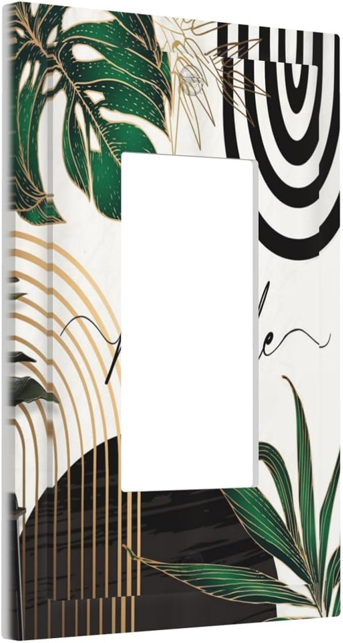 Boho Abstract Tropical Green Palm Leaf Mid Century Decorative Outlet Covers 1 Gang Single Rocker Light Switch Cover Plate Wall Plates GFCI Faceplate for Office Home Decor