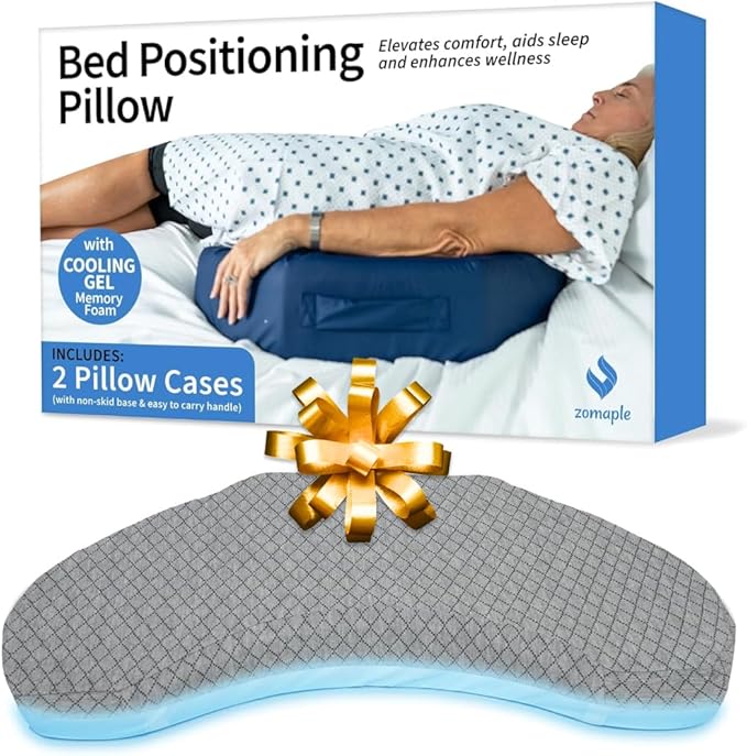Zomaple Bedsore Pressure Relief Pillow, Grey – Offload Pressure to Prevent Bed Sores & Ease Turning – 30° Positioning, Cooling Gel Top, 2 Non-Skid Removable Covers – Knee Wedge Pillow Versatility