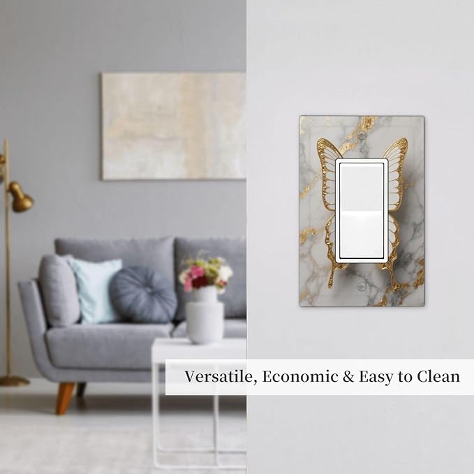 Gold Marble Shine Butterfly Abstract Modern Print Decorative Outlet Covers 1 Gang Single Rocker Light Switch Cover Plate Wall Plates GFCI Faceplate for Bed Room Bathroom Decor