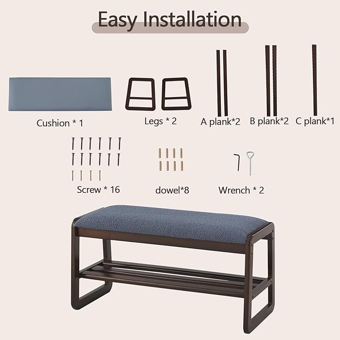 Shoe Rack Bench,2 Tier Wooden Entryway Bench with Shoe Storage, Shoe Rack with Cushion for Living Room, Hallway(Grayish Blue, 31.5")