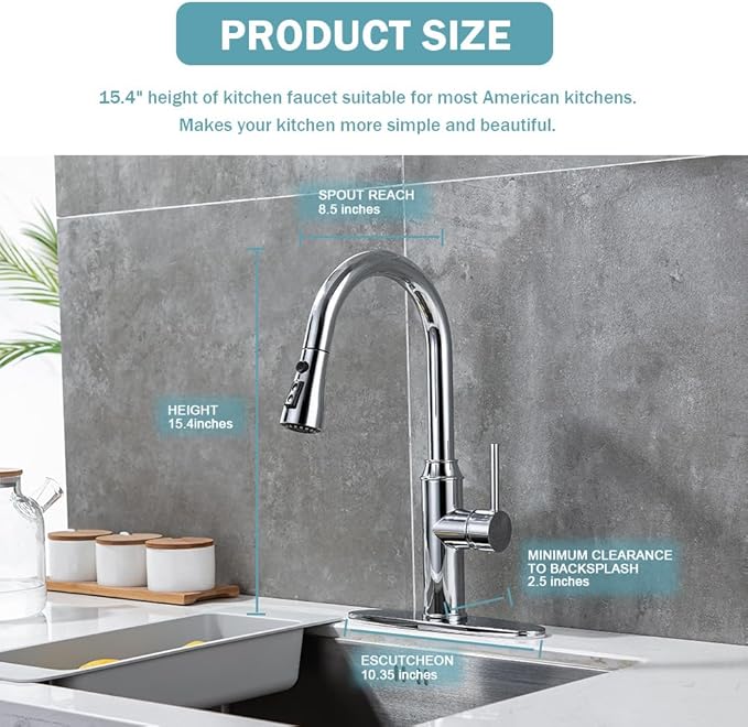 Kitchen Faucet with Pull Down Sprayer, Chrome Faucet for Kitchen Sink Stainless Steel Kitchen Faucets, Single Handle 1 or 3 Hole Faucet with Escutcheon for RV, Outdoor, Laundry & Utility Room Sink