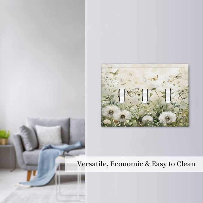 Dandelions Butterflies Watercolor Wildflowers Floral Decorative Switch Plates 3 Gang Wall Plate Triple Toggle Light Switch Cover Faceplate Electrical Wall Panels for Bedroom Living Room Decor