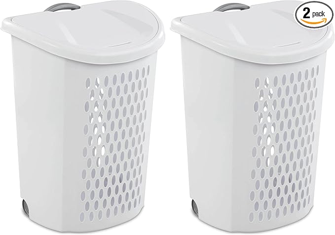 (2 Pack) Ultra Wheeled Hamper - White Plastic Laundry Hamper with Retractable Handle & Smooth Wheels, 2 Bushel Capacity for Dorms/Apartments/Family
