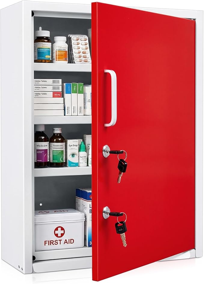 Zonon Locking Medication Cabinet with Document Pocket, Metal Wall Mounted Medication Cabinet with Dual Keys and Lock(Red,21 x 16 x 6 Inch,Right Angle)