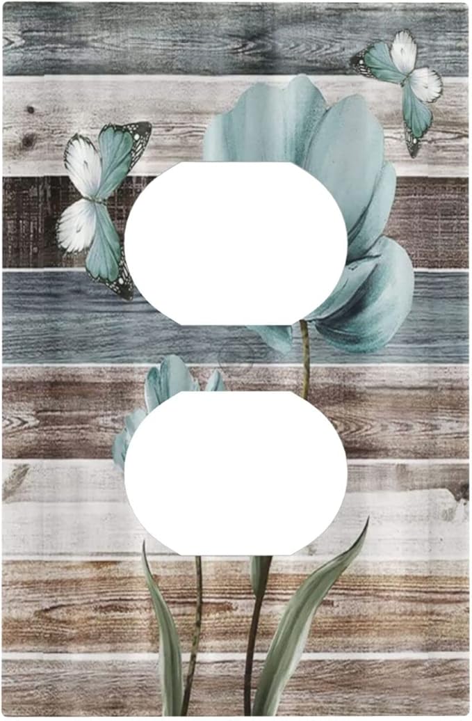 Rustic Vintage Teal Floral Barn Wood 1 Gang Duplex Outlet Covers Decorative Single Electrical Receptacle Wall Plate Turquoise Flower Butterfly Light Switch Cover Plate for Farmhouse Bathroom