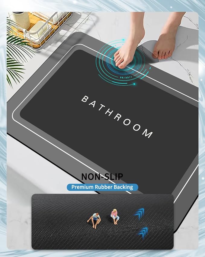 Bath Mats 17x27 Inch, Modernized Magic Mat Bathroom, Rubber Anti Slip Quick Drying Absorbent Bathroom Rug, Shower Room Rugs for in Front of Bathtub, Sink, Dark Gray