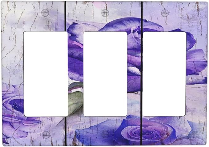 Light Switch Cover Purple Rose Flower Rustic Wood Plank 3 Gang Wall Plate Triple Light Switch Plate Rocker GFCI Outlet Covers Decorative Receptacle Cover for Farmhouse Bathroom Decor