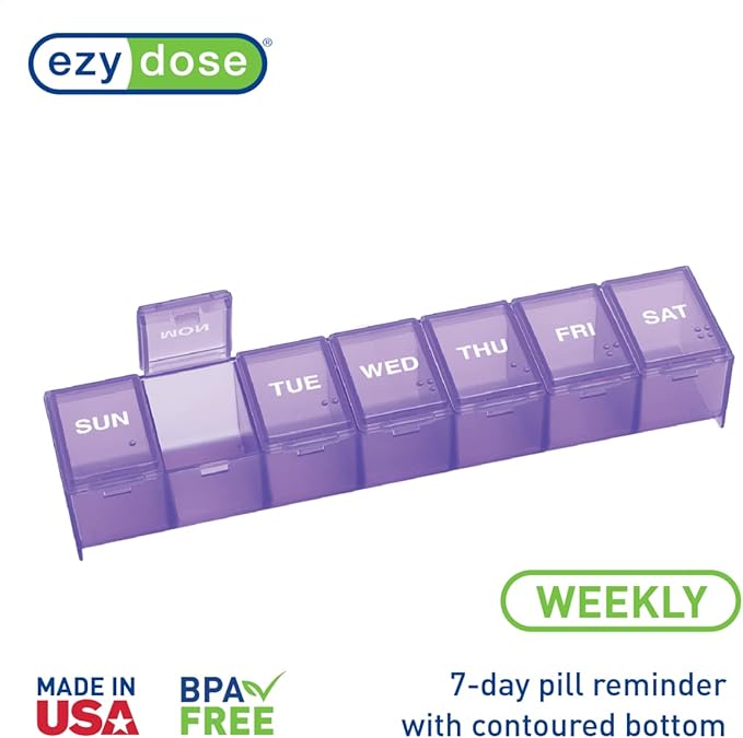 EZY DOSE Weekly (7-Day) Pill Case, Medicine Planner, Vitamin Organizer Box, Large Compartments with Contoured Bottoms, Convenient and Easy to Use, Color May Vary, BPA Free (Pack of 2)
