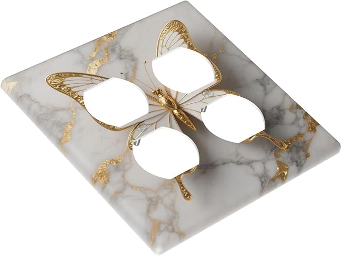 Gold Marble Shine Butterfly Abstract Modern Print Outlet Covers 2 Gang Double Duplex Decorative Light Switch Covers Electrical Wallplates Socket Faceplate for Bed Room Bathroom Decor