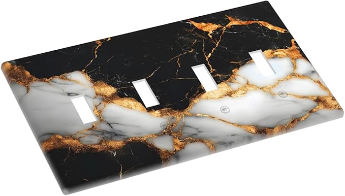 Decorative Switch Plate Covers Black Gold Marble 4 Gang Light Switch Cover Plate Quad Toggle Wall Plate Light Switch Covers for Country Bathroom Bedroom Decor