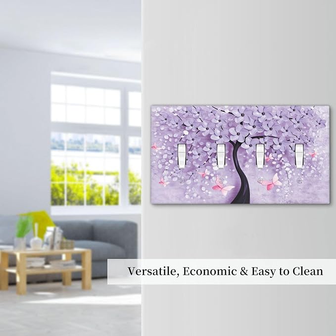 Light Switch Cover 3D Purple Tree 4 Gang Switch Plate Quad Toggle Wall Plates Decorative Switchplate Electrical Outlet Cover Plates for Bathroom Bedroom Decor