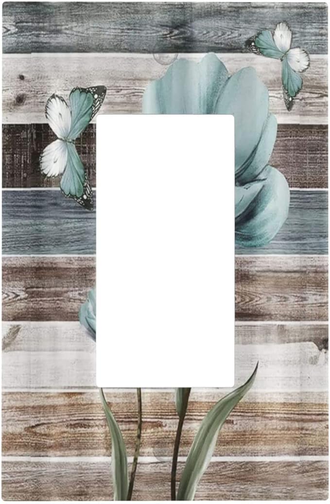 Rustic Vintage Teal Floral Barn Wood Single Rocker Decora Light Switch Cover 1 Gang Outlet Cover Decorative Wall Plate Turquoise Flower Butterfly Gfci Electrical Switchplate for Farm Bathroom
