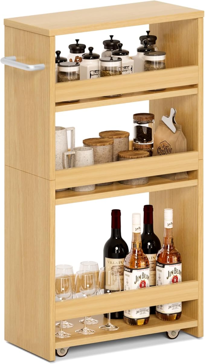 MARTY Rolling Storage Cart 7.9" W, 4-Tier Kitchen Cart with Wheels Handle, Slim Storage Cart Mobile Shelving Utility Carts for Bathroom Laundry Room Organization Narrow Places (Maple)