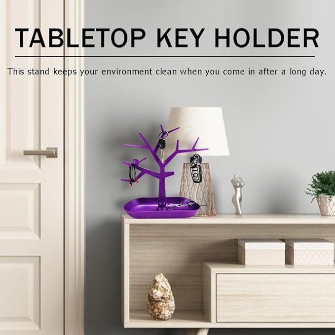 Tabletop Key Holder Stand Tree Key Rack,Stand Jewelry Display Necklace Ring Earring Holder Rack,Jewelry Organizer Tray Home Decor for Home Entryway (Purple)