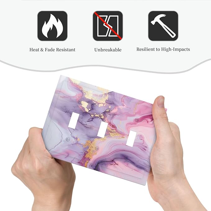 Decorative Switch Plates Pink Marble Abstract Purple Gold Texture 3 Gang Wall Plate Triple Toggle Light Switch Cover Faceplate Electrical Wall Panels for Bathroom living Room Decor