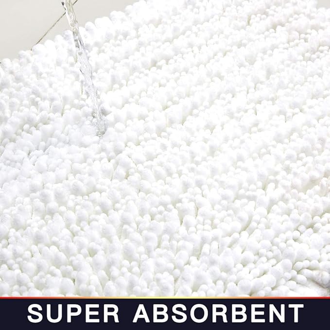 Walensee Large Bathroom Rug Non Slip Bath Mat (24x60 Inch White) Water Absorbent Super Soft Shaggy Chenille Machine Washable Dry Extra Thick Perfect Absorbant Best Plush Carpet for Shower Floor
