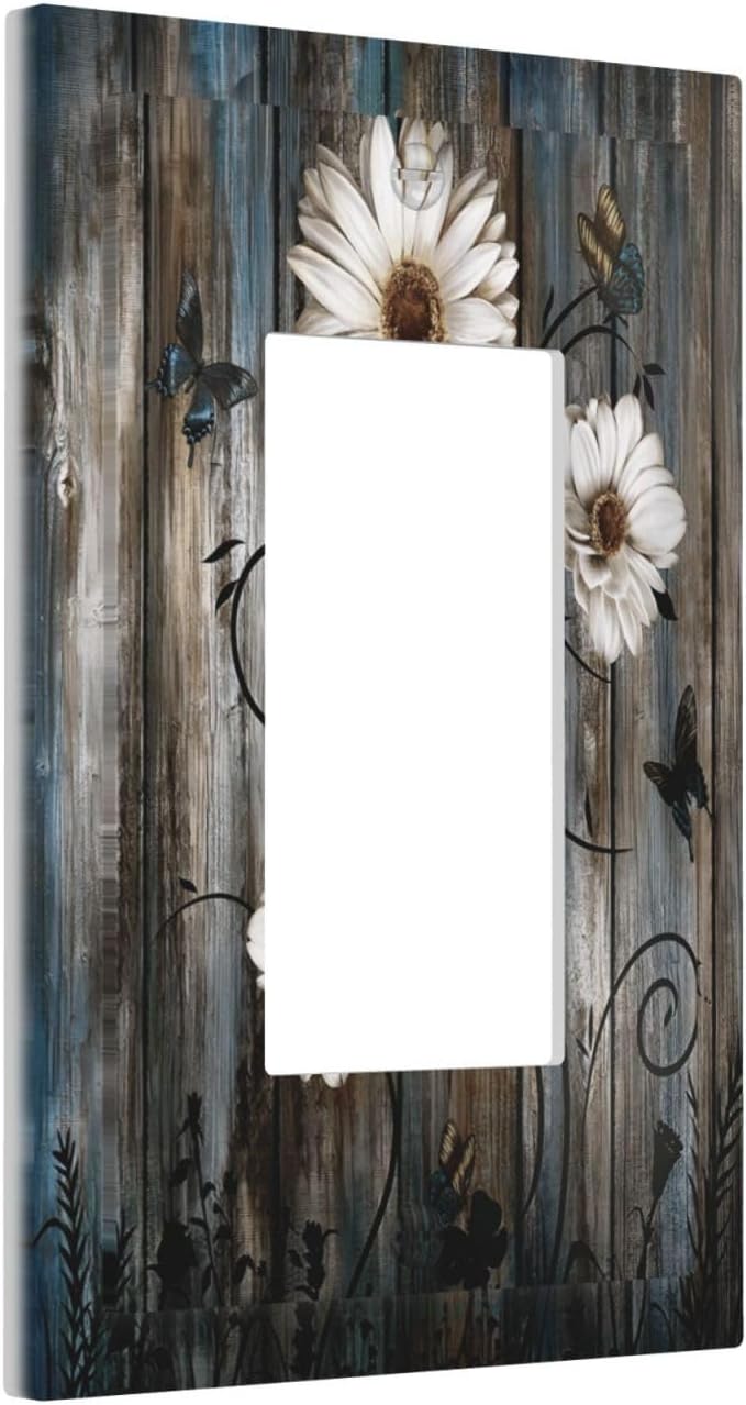 Rustic Wood Background Floral Butterfly Daisy Decorative Outlet Covers 1 Gang Single Rocker Light Switch Cover Plate Wall Plates GFCI Faceplate for Farmhouse Bedroom Decor