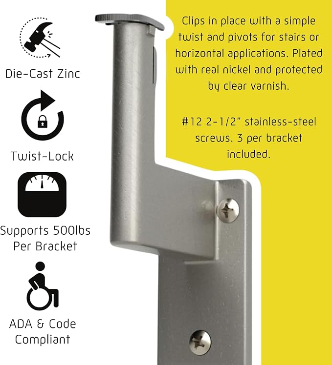 Promenaid 17ft ADA Handrail Kit - Champagne - Complete Indoor/Outdoor Handrail for Stairs - 1.6" Round Anodized Aluminum Railing with 8 Nickel Plated Pivoting Brackets & ADA Wall Returns
