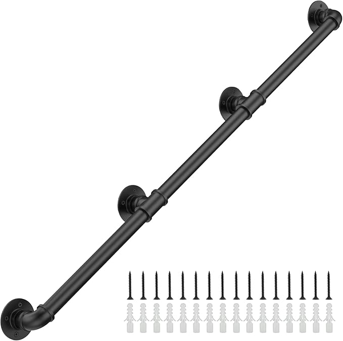 10FT Industrial Stair Railing Wall Mount Staircase Handrail φ1.3 Pipe Hand Rail for Steps Grab Bar Foot Rail Vintage Pipe Railing Black Deck Handrail for Outdoor Indoor Stairs Porch