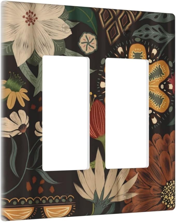 Boho Floral Tropical Leaves Double Rocker/Decora Outlet Covers Bohemian Flowers Botanical 2 Gang Artistic Light Switch Cover Decorative Gfci Wall Plate Electrical Switchplate for Bedroom Decor